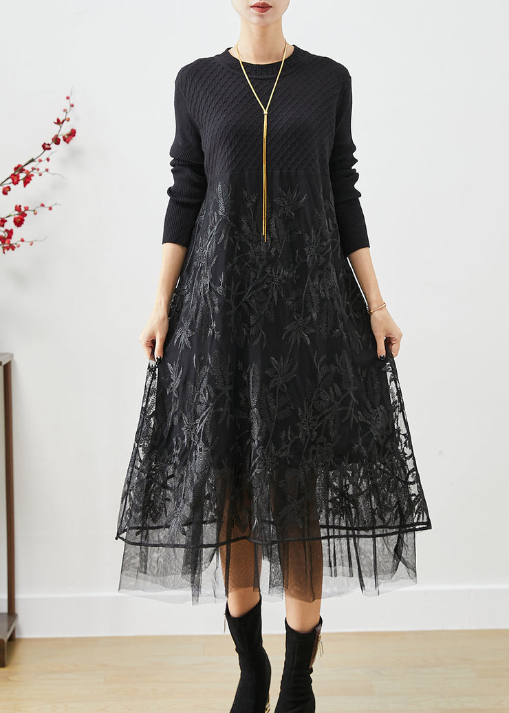 Boho Black Embroidered Tulle Patchwork Knit Long Dress Fall