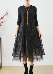 Boho Black Embroideried Tulle Patchwork Knit Long Dress Fall