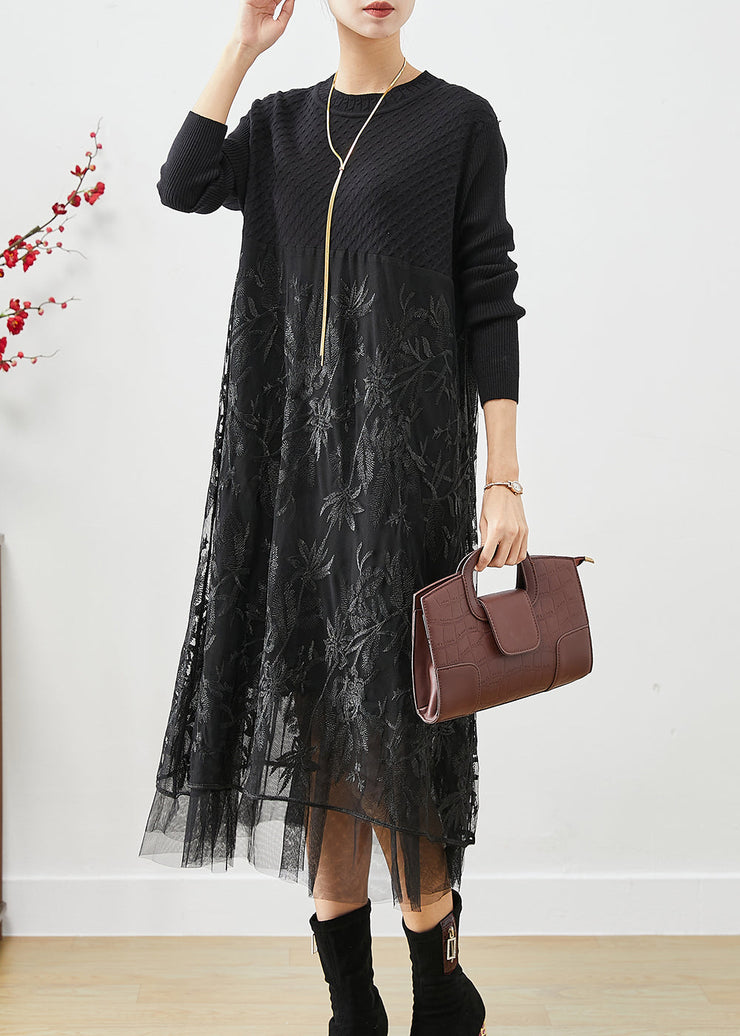 Boho Black Embroideried Tulle Patchwork Knit Long Dress Fall