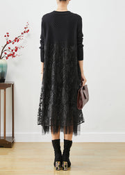 Boho Black Embroidered Tulle Patchwork Knit Long Dress Fall