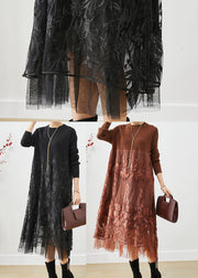 Boho Black Embroideried Tulle Patchwork Knit Long Dress Fall