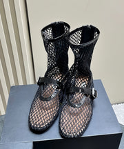 Boho Black Hollow Out Breathable Mesh Splicing Buckle Strap Flat Boots