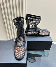 Boho Black Hollow Out Breathable Mesh Splicing Buckle Strap Flat Boots