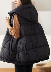 Boho Black Hooded Zippered Warm Duck Down Vest Winter