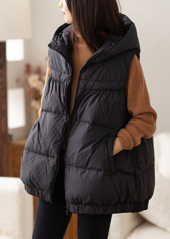 Boho Black Hooded Zippered Warm Duck Down Vest Winter