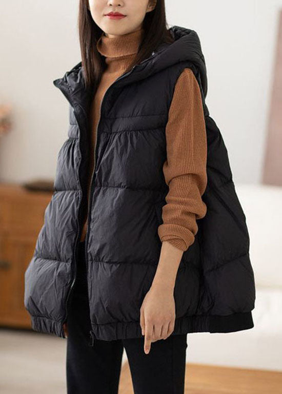 Boho Black Hooded Zippered Warm Duck Down Vest Winter