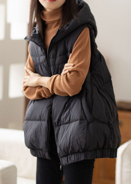 Boho Black Hooded Zippered Warm Duck Down Vest Winter