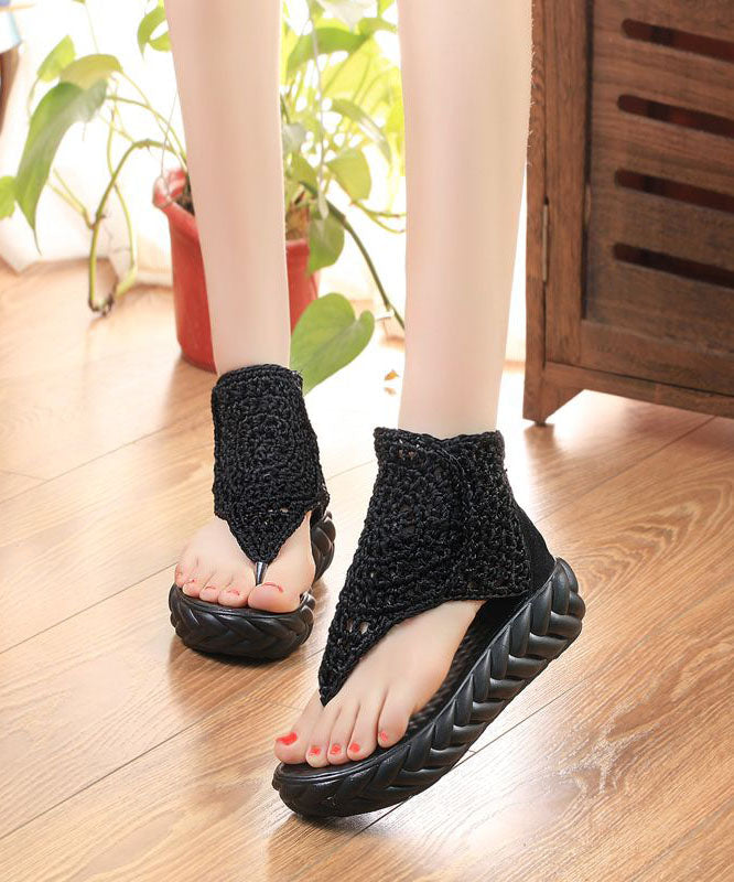 Boho Black Knit Fabric Splicing Platform Peep Toe Sandals