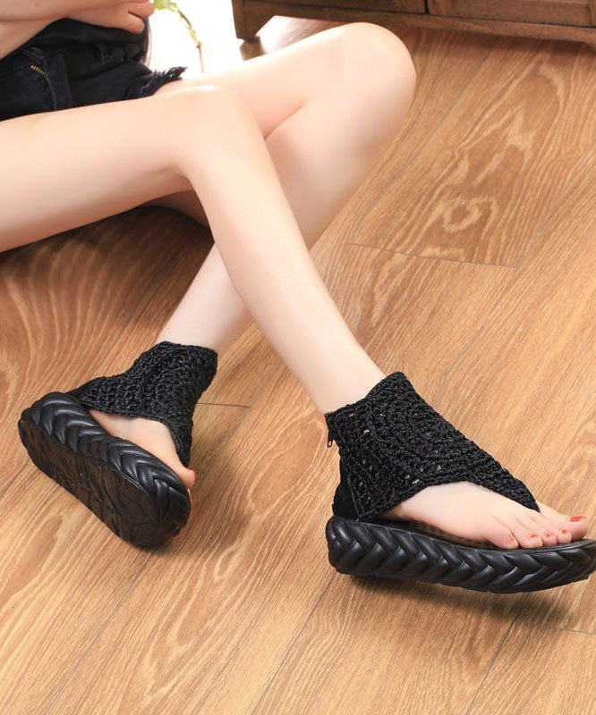 Boho Black Knit Fabric Splicing Platform Peep Toe Sandals