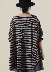 Boho Black Loose O-Neck Ruffled Fall Striped Shirt Top Half Sleeve