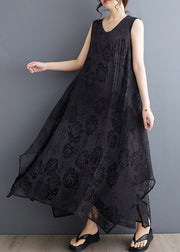 Boho Black O-Neck Asymmetrical Hollow Out Floral Holiday Lace Maxi Dress Summer