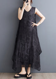 Boho Black O-Neck Asymmetrical Hollow Out Floral Holiday Lace Maxi Dress Summer