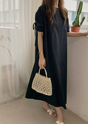 Boho Black O-Neck Drawstring Cotton Long Dress Summer