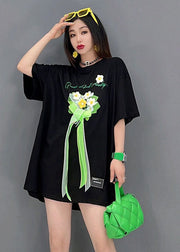 Boho Black O-Neck Embroideried Bow Cotton Tanks Short Sleeve