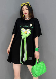 Boho Black O-Neck Embroideried Bow Cotton Tanks Short Sleeve