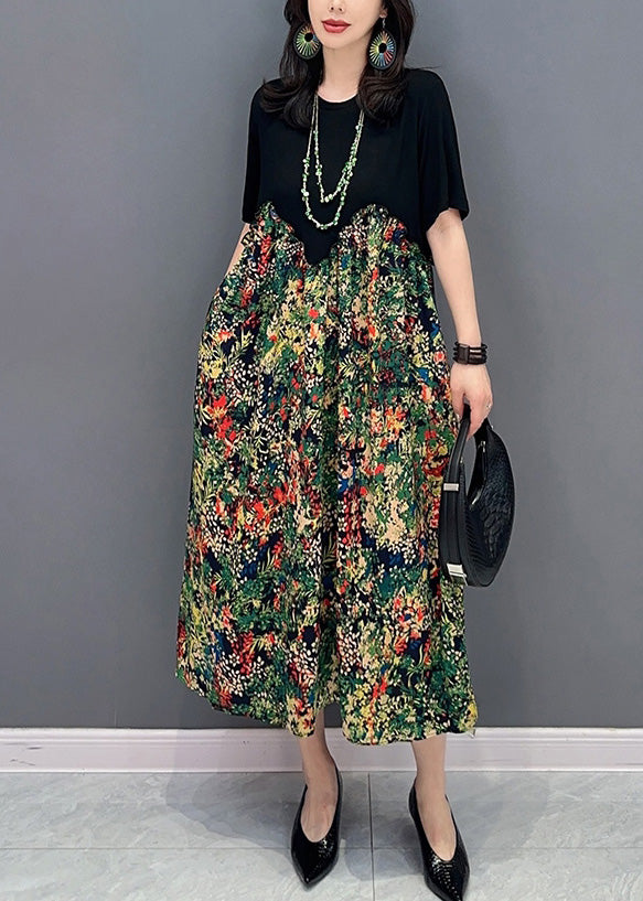 Boho Black O-Neck Patchwork Print Long Dress Short Sleeve