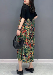 Boho Black O-Neck Patchwork Print Long Dress Short Sleeve