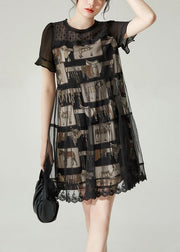 Boho Black O-Neck Patchwork Tulle Mid Dress Summer