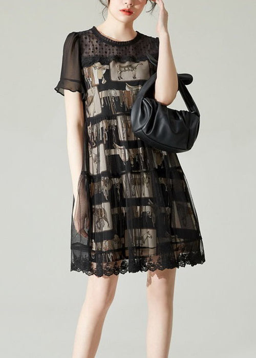 Boho Black O-Neck Patchwork Tulle Mid Dress Summer