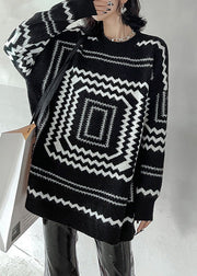 Boho Black O-Neck Plaid Cozy Thick Knit Sweater Winter