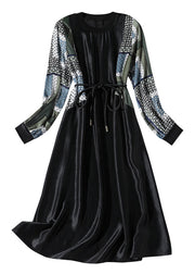 Boho Black O-Neck Print Patchwork Tie Waist Satin Vacation Long Dresses Long Sleeve