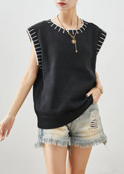 Boho Black O-Neck Striped Knit Vests Fall