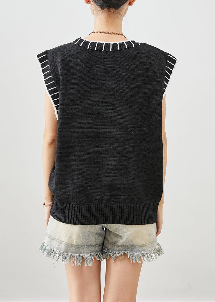 Boho Black O-Neck Striped Knit Vests Fall