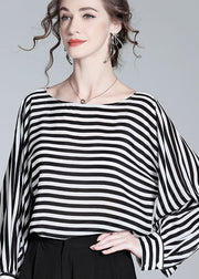 Boho Black O Neck Striped Patchwork Silk Shirt Tops Spring