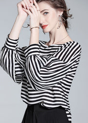 Boho Black O Neck Striped Patchwork Silk Shirt Tops Spring