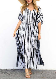 Boho Black O-Neck Striped Side Open Maxi Dresses Short Sleeve