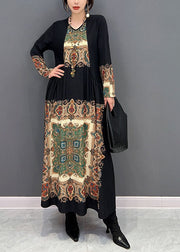 Boho Black O Neck Wrinkled Print Silk Dresses Spring