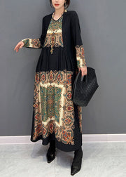 Boho Black O Neck Wrinkled Print Silk Dresses Spring