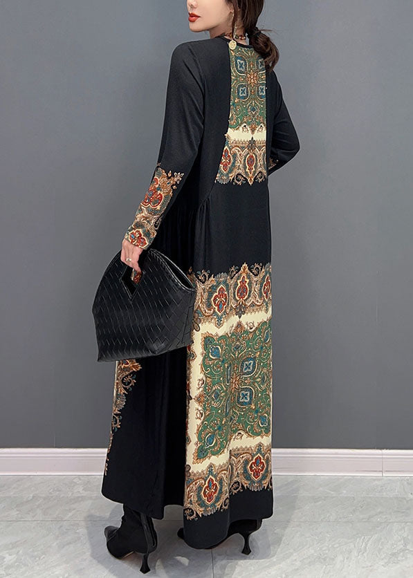 Boho Black O Neck Wrinkled Print Silk Dresses Spring