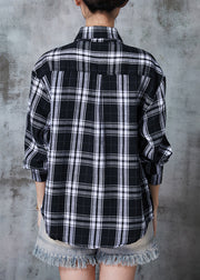 Boho Black Oversized Plaid Cotton Shirt Top Fall