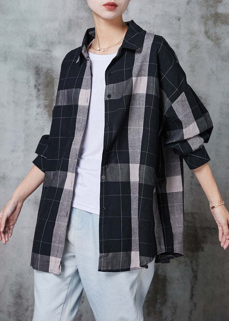 Boho Black Oversized Plaid Cotton Shirt Tops Spring