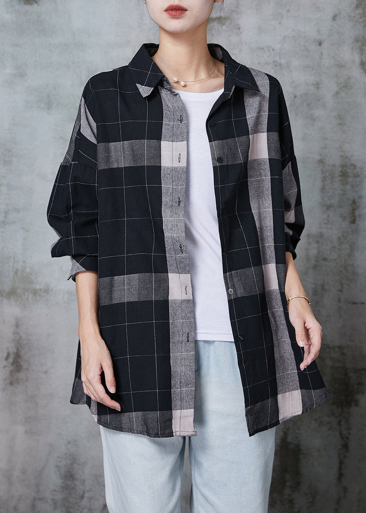 Boho Black Oversized Plaid Cotton Shirt Tops Spring