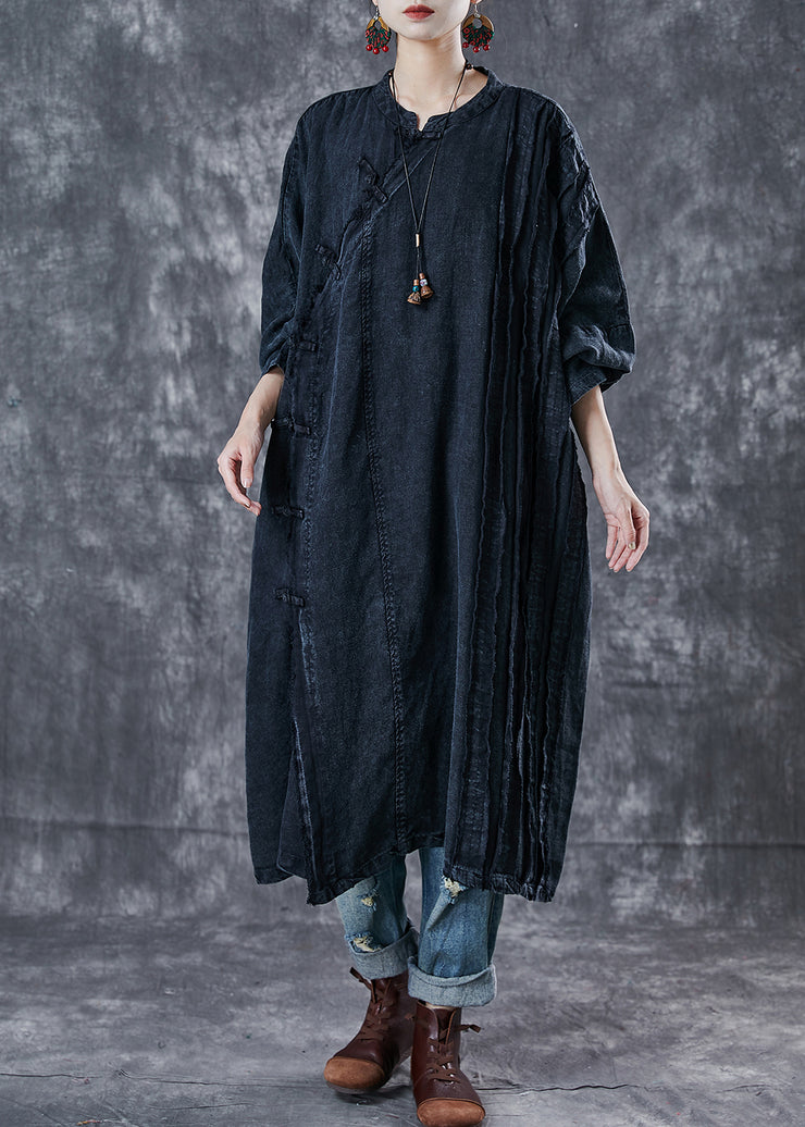 Boho Black Oversized Wrinkled Denim Oriental Dress Spring