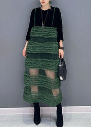 Boho Black Patchwork Green O-Neck Fake Two Pieces Tulle Long Dresses Long Sleeve