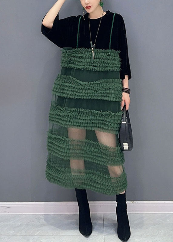 Boho Black Patchwork Green O-Neck Fake Two Pieces Tulle Long Dresses Long Sleeve