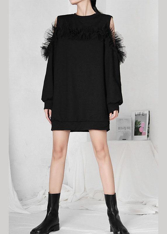 Boho Black Patchwork Tulle Cold Shoulder Long sleeve Pullover Sweatshirt