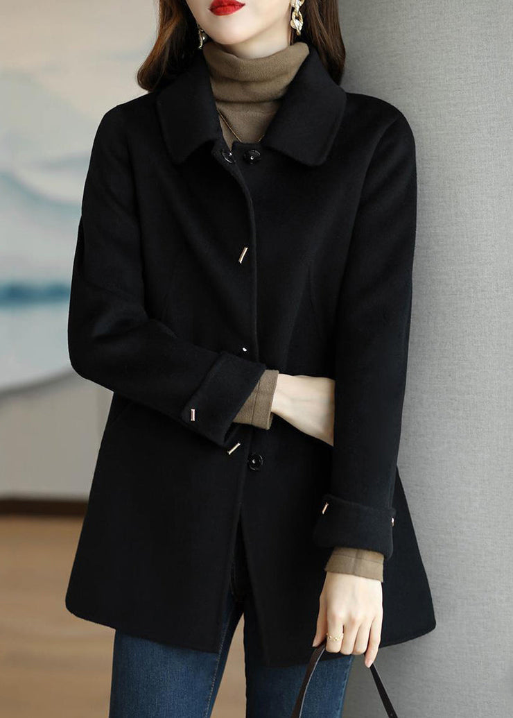 Boho Black Peter Pan Collar Button Down Woolen Coat Fall