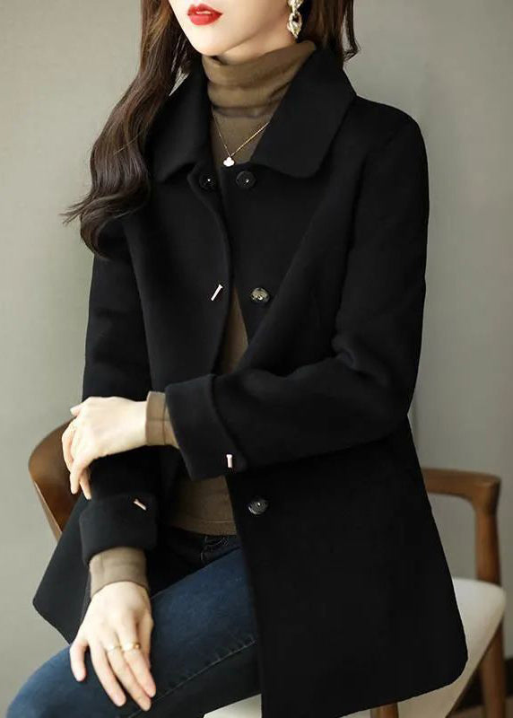 Boho Black Peter Pan Collar Button Down Woolen Coat Fall