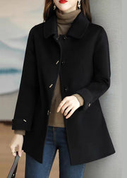 Boho Black Peter Pan Collar Button Down Woolen Coat Fall