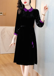 Boho Black Peter Pan Collar Patchwork Silk Velour Maxi Dresses Long Sleeve