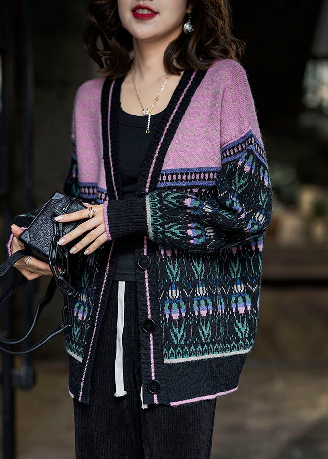 Boho Black Pink Oversized Patchwork Lazy Knit Cardigan Winter