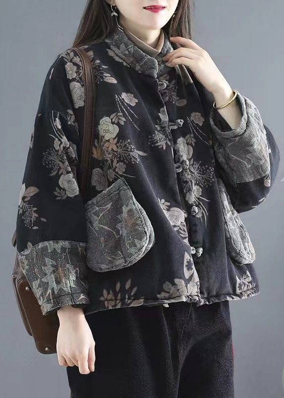 Boho Black Pockets Print Denim Warm Fleece Womens Coats Winter