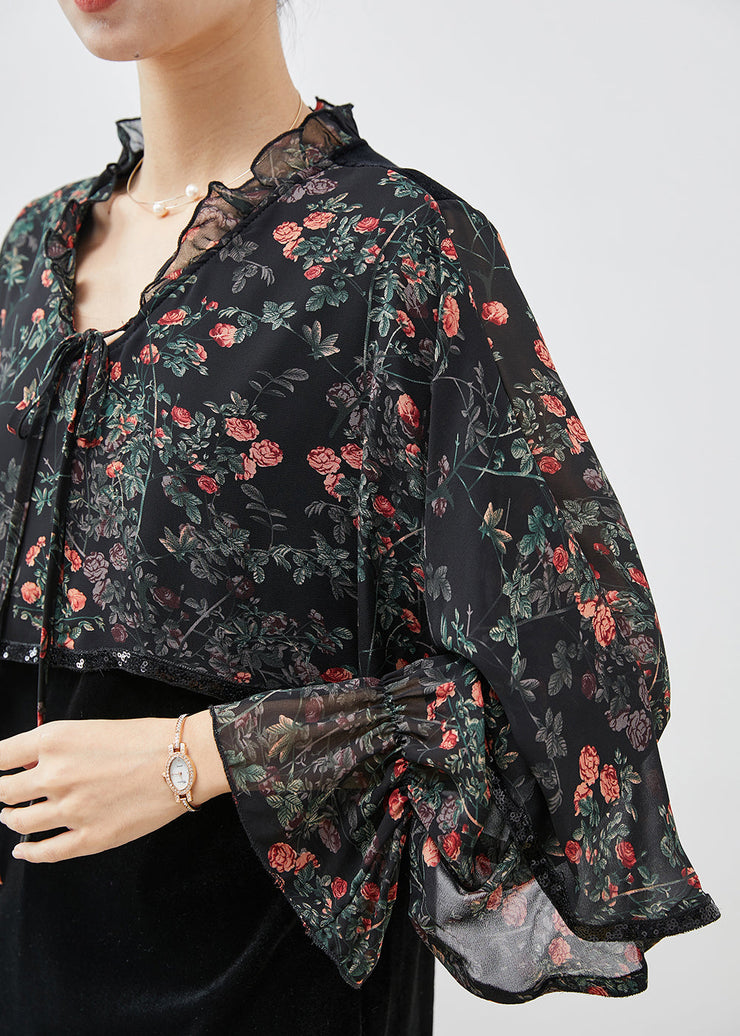 Boho Black Print Ruffled Patchwork Velour Chiffon Shirt Spring