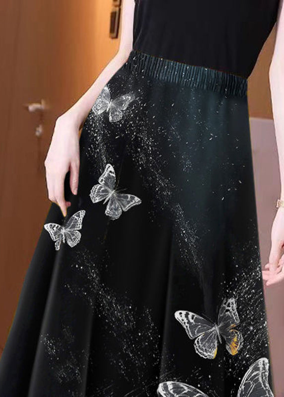 Boho Black Small Butterfly High Waist Maxi Skirts Spring