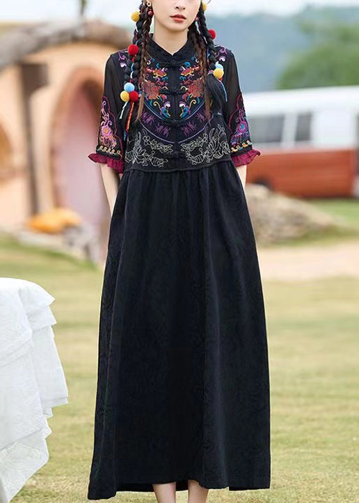 Boho Black Stand Collar Embroidered Cotton Two Pieces Set Summer