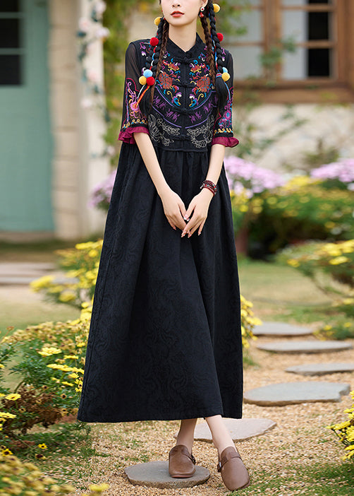 Boho Black Stand Collar Embroidered Cotton Two Pieces Set Summer